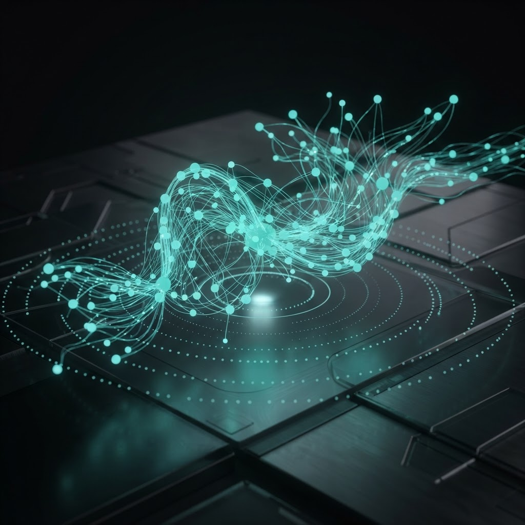 Ilustração 3D abstrata com rede neural e fluxos de dados em teal sobre fundo escuro
